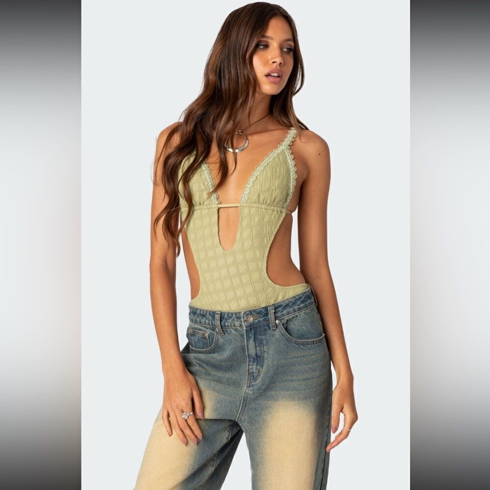 Edikted textured cut out bodysuit in green